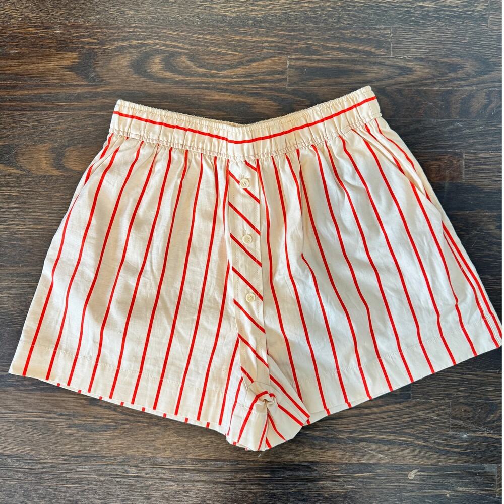 Reformation Cream Shorts with Red Stripes